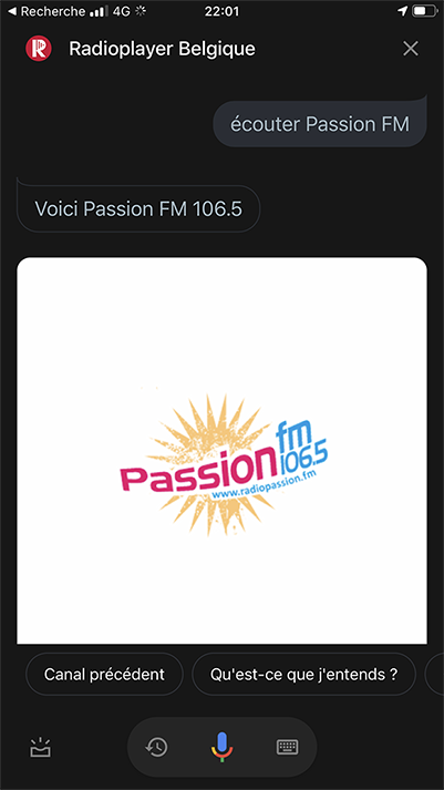 Passion FM 106.5 sur Google assistant avec Radioplayer Belgique